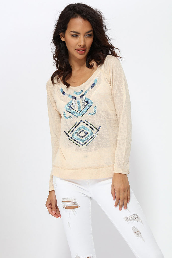 S17W-1000005513-TAN-S/M-long-sleeve-aztec-sequin-top-mid-brown-jl2133